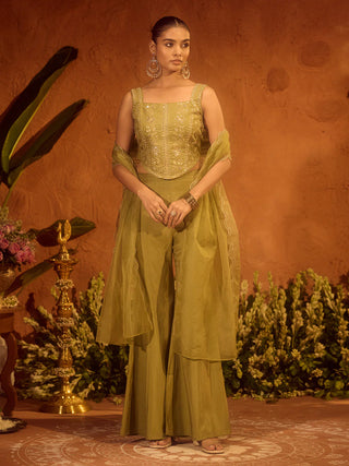 Olive Green Viscose Chanderi Embroidered Kurta Palazzo Set with Dupatta