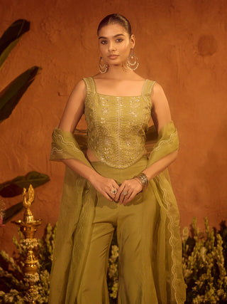 Olive Green Viscose Chanderi Embroidered Kurta Palazzo Set with Dupatta