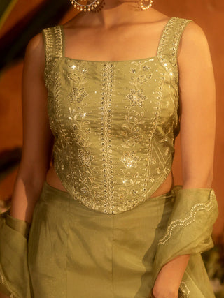 Olive Green Viscose Chanderi Embroidered Kurta Palazzo Set with Dupatta