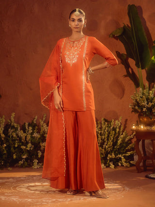 Orange Viscose Chanderi Embroidered Ethnic Straight Shape Kurta Set with Dupatta