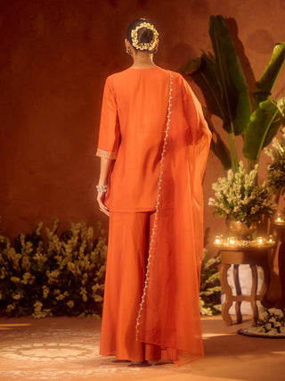Orange Viscose Chanderi Embroidered Ethnic Straight Shape Kurta Set with Dupatta