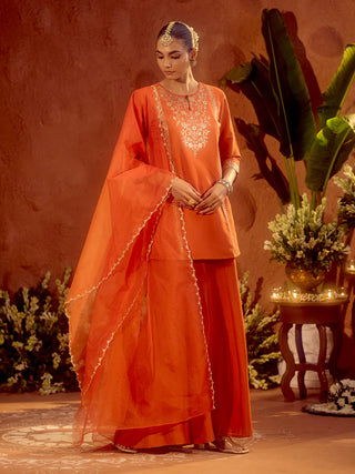 Orange Viscose Chanderi Embroidered Ethnic Straight Shape Kurta Set with Dupatta