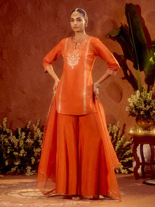 Orange Viscose Chanderi Embroidered Ethnic Straight Shape Kurta Set with Dupatta