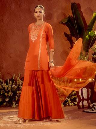 Orange Viscose Chanderi Embroidered Ethnic Straight Shape Kurta Set with Dupatta