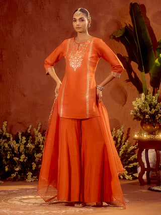 Orange Viscose Chanderi Embroidered Ethnic Straight Shape Kurta Set with Dupatta