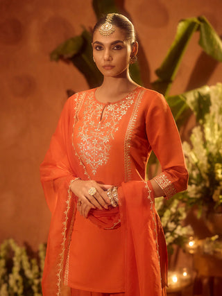 Orange Viscose Chanderi Embroidered Ethnic Straight Shape Kurta Set with Dupatta