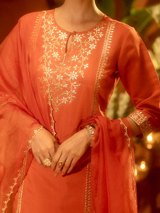 Orange Viscose Chanderi Embroidered Ethnic Straight Shape Kurta Set with Dupatta