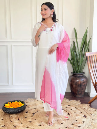 Off White Chanderi Embroidered Suit Set with Nylon Dupatta