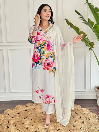 Off White French Crepe Floral Print & Embroidered Kurta Teamed with Viscose Rayon Botton and a Nazneen Dupatta