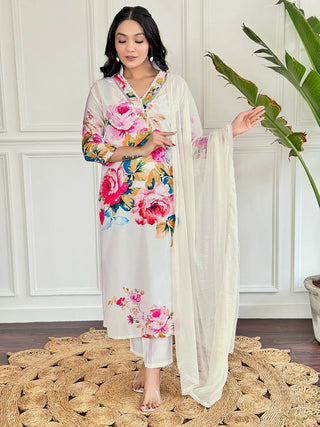 Off White French Crepe Floral Print & Embroidered Kurta Teamed with Viscose Rayon Botton and a Nazneen Dupatta