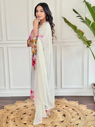 Off White French Crepe Floral Print & Embroidered Kurta Teamed with Viscose Rayon Botton and a Nazneen Dupatta