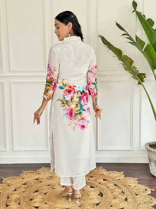 Off White French Crepe Floral Print & Embroidered Kurta Teamed with Viscose Rayon Botton and a Nazneen Dupatta