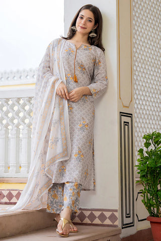 Off-white Rayon Blend Ethnic Motif Printed Suit Set with Dupatta