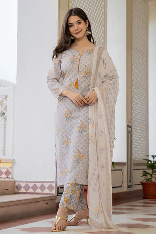 Off-white Rayon Blend Ethnic Motif Printed Suit Set with Dupatta