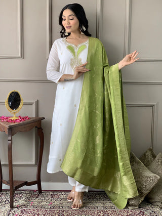 Off White Viscose Chanderi Embroidered & Printed Suit Set with Pista Green Jacquard Silk Dupatta