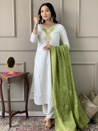 Off White Viscose Chanderi Embroidered & Printed Suit Set with Pista Green Jacquard Silk Dupatta