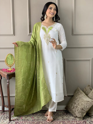 Off White Viscose Chanderi Embroidered & Printed Suit Set with Pista Green Jacquard Silk Dupatta