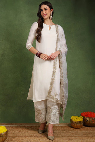 Off White Chanderi Silk Embroidered Kurta with Silk Blend Bottom & Organza Dupatta