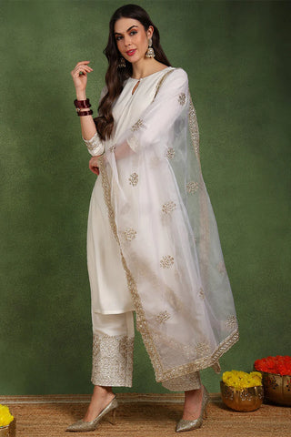 Off White Chanderi Silk Embroidered Kurta with Silk Blend Bottom & Organza Dupatta