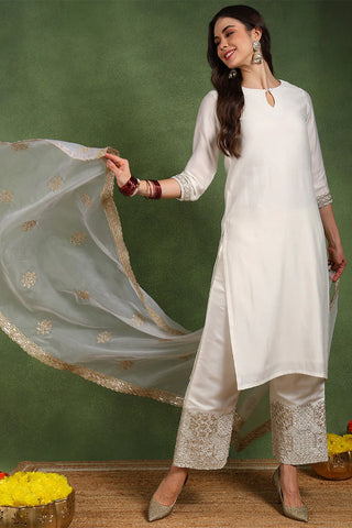 Off White Chanderi Silk Embroidered Kurta with Silk Blend Bottom & Organza Dupatta