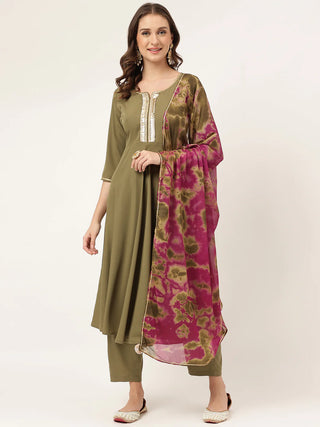 Olive Green Solid Poly Crepe A Line Suit Set with Contrast Printed Chinon Dupatta