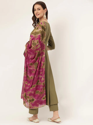 Olive Green Solid Poly Crepe A Line Suit Set with Contrast Printed Chinon Dupatta