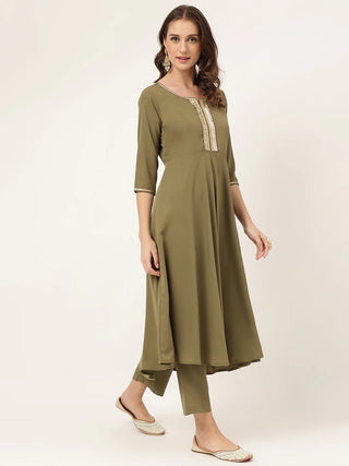 Olive Green Solid Poly Crepe A Line Suit Set with Contrast Printed Chinon Dupatta