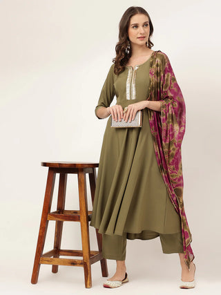 Olive Green Solid Poly Crepe A Line Suit Set with Contrast Printed Chinon Dupatta