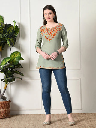 Olive Cotton Solid Short Kurta