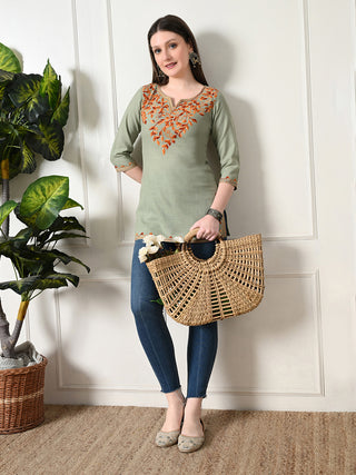 Olive Cotton Solid Short Kurta