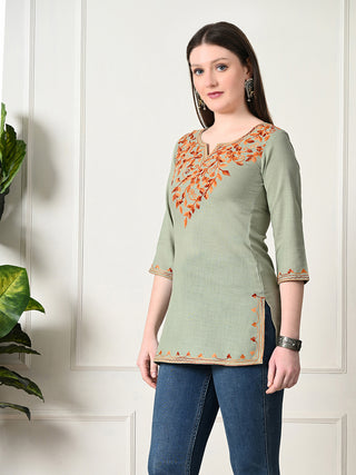 Olive Cotton Solid Short Kurta