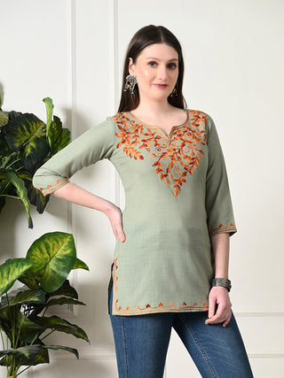 Olive Cotton Solid Short Kurta