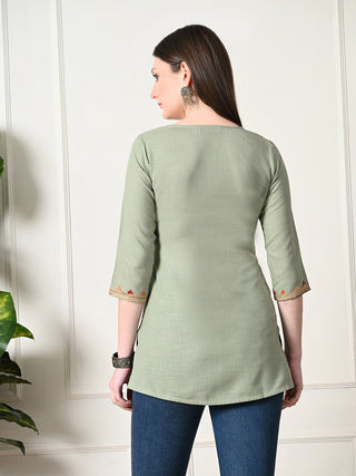 Olive Cotton Solid Short Kurta