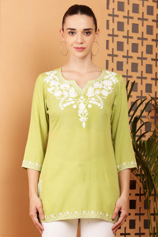 Olive Green Rayon Embroidered Short Kurta