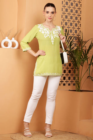Olive Green Rayon Embroidered Short Kurta