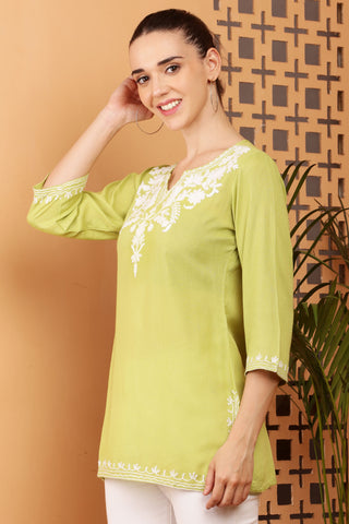 Olive Green Rayon Embroidered Short Kurta