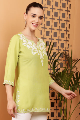 Olive Green Rayon Embroidered Short Kurta