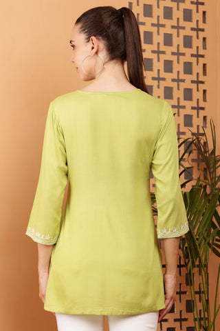 Olive Green Rayon Embroidered Short Kurta
