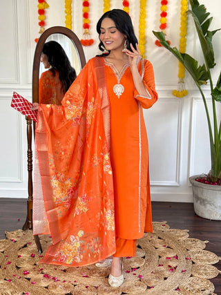 Orange Viscose Chanderi Embroidered Suit Set with Silk Printed Dupatta