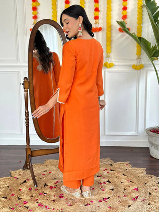 Orange Viscose Chanderi Embroidered Suit Set with Silk Printed Dupatta