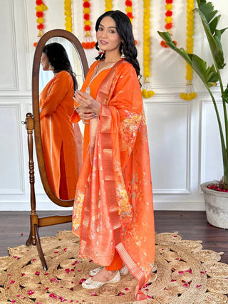 Orange Viscose Chanderi Embroidered Suit Set with Silk Printed Dupatta