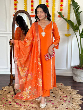 Orange Viscose Chanderi Embroidered Suit Set with Silk Printed Dupatta