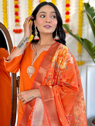 Orange Viscose Chanderi Embroidered Suit Set with Silk Printed Dupatta