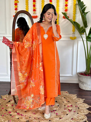 Orange Viscose Chanderi Embroidered Suit Set with Silk Printed Dupatta