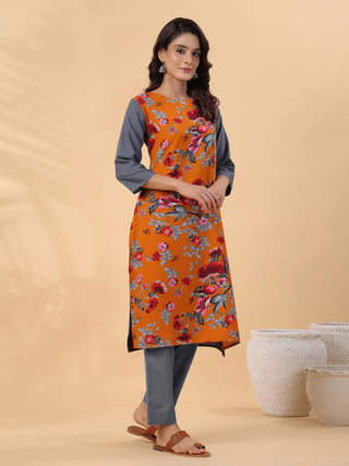 Orange Crepe Block Print Straight Shape Kurta