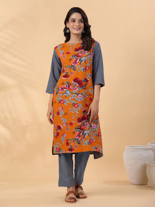 Orange Crepe Block Print Straight Shape Kurta