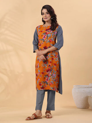 Orange Crepe Block Print Straight Shape Kurta