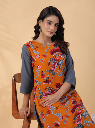 Orange Crepe Block Print Straight Shape Kurta