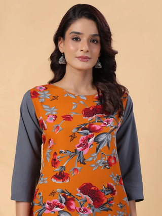 Orange Crepe Block Print Straight Shape Kurta