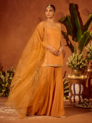 Orange Viscose Chanderi Embroidered Ethnic Straight Kurta Set with Dupatta